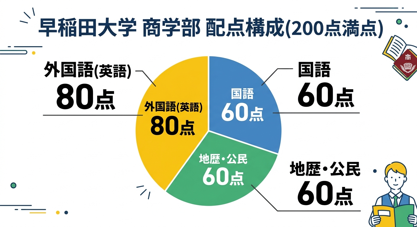 早稲田大学商学部の配点構成円グラフ。総配点200点のうち外国語(英語)80点、国語60点、地歴・公民60点の内訳を示す