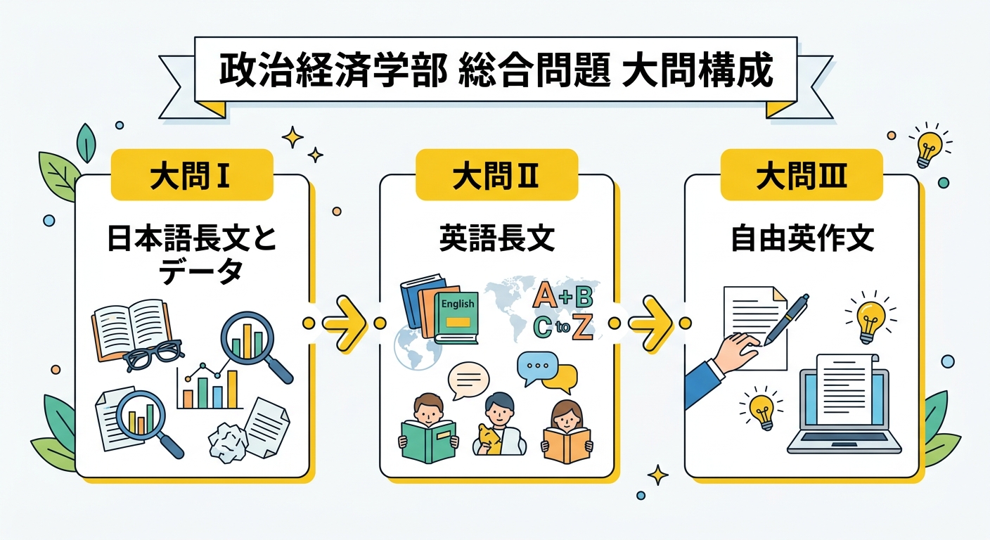 早稲田大学政治経済学部の総合問題の大問構成図解。大問Iが日本語長文でデータ分析、大問IIが英語長文、大問IIIが自由英作文という3ステップの構成を示す