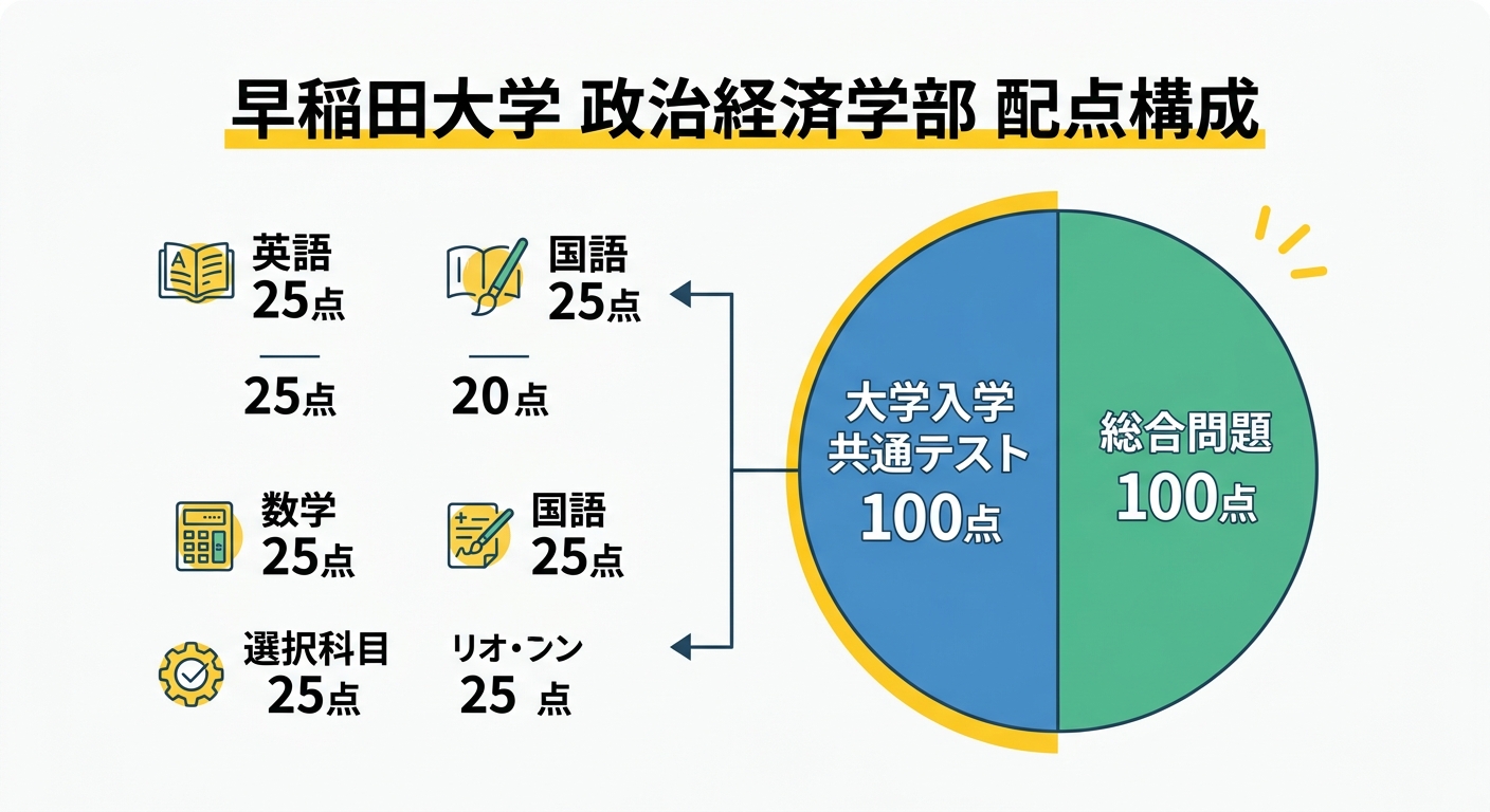 早稲田大学政治経済学部の配点構成図。大学入学共通テスト100点(英語・国語・数学・選択科目を各25点に圧縮)と総合問題100点を合わせた200点満点の内訳を示す図解