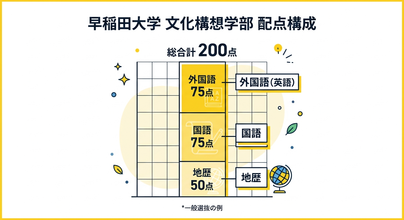 早稲田大学文化構想学部の配点構成図。外国語(英語)75点、国語75点、地歴50点の合計200点満点の内訳を示す積み上げ棒グラフ