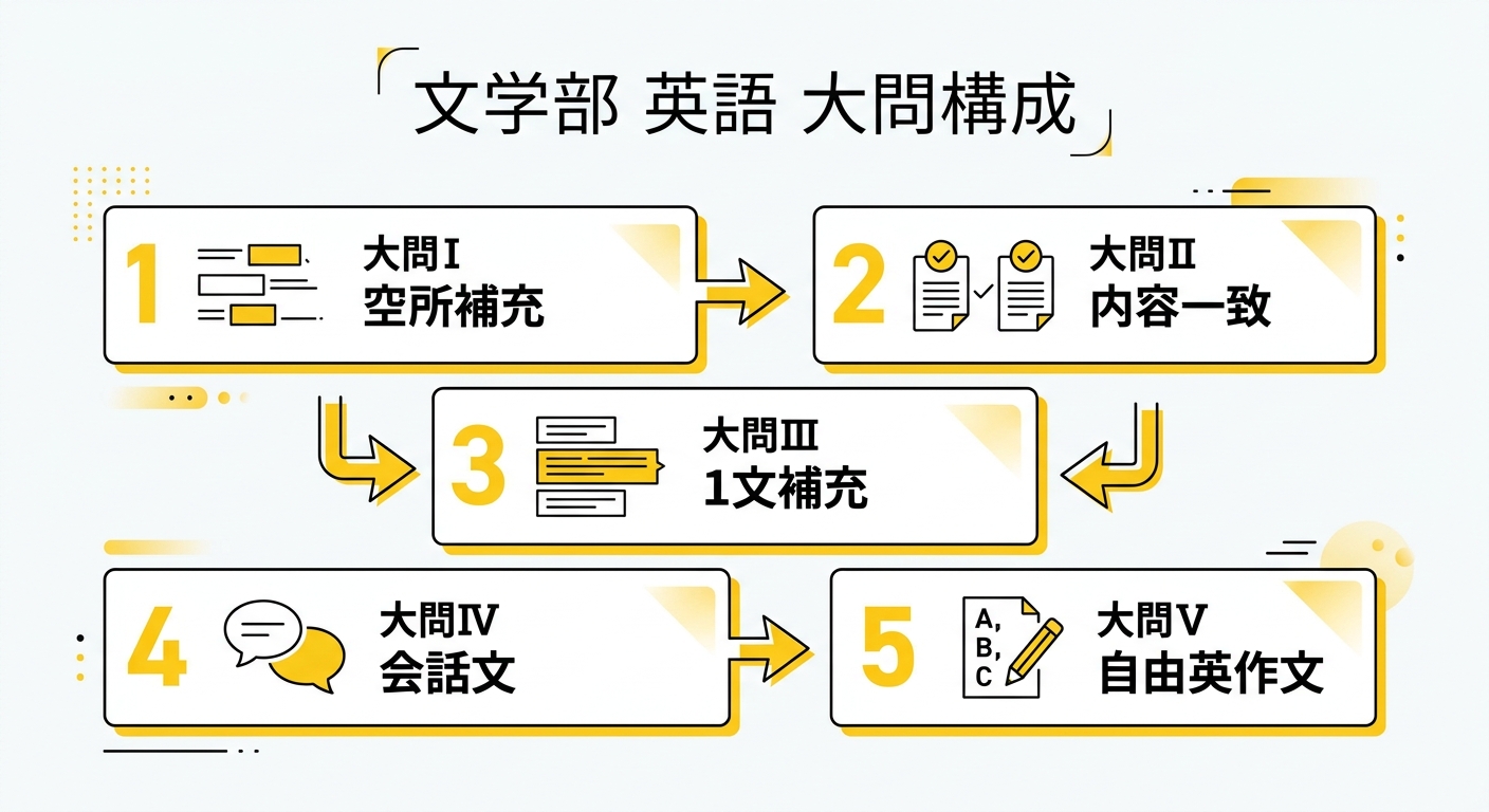 早稲田大学文学部の英語大問構成の図解。大問Iが空所補充(A)(B)、大問IIが内容一致(A)(B)(C)、大問IIIが1文補充、大問IVが会話文、大問Vが自由英作文という5ステップの構成を示す