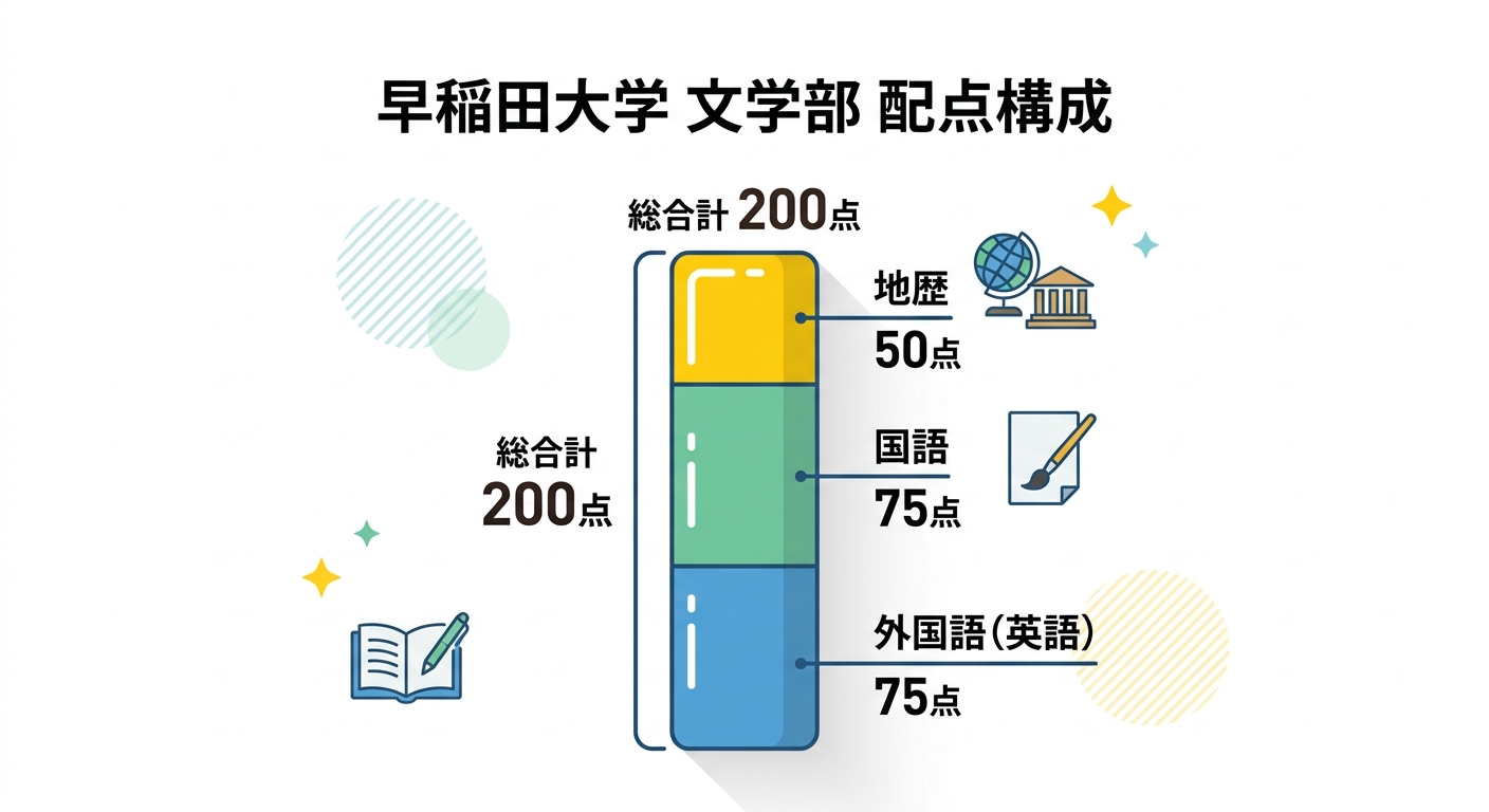 早稲田大学文学部の配点構成図。外国語(英語)75点、国語75点、地歴50点の合計200点満点の内訳を示す積み上げ棒グラフ
