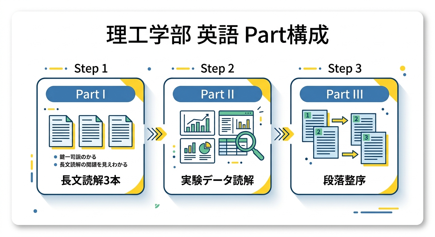 早稲田大学理工学部の英語Part構成の図解。Part Iが長文読解3本、Part IIが実験・論文データ読解、Part IIIが段落整序という3ステップの構成を示す