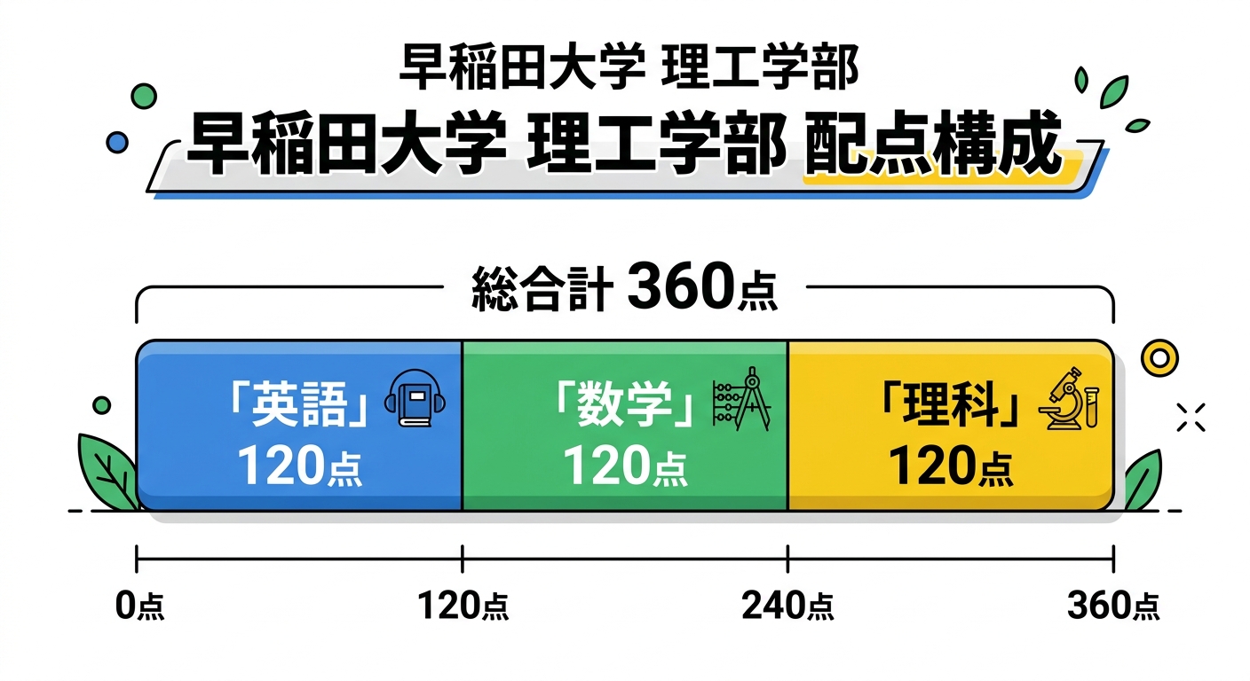 早稲田大学理工学部の配点構成図。英語120点、数学120点、理科120点の合計360点満点の内訳を示す積み上げ棒グラフ
