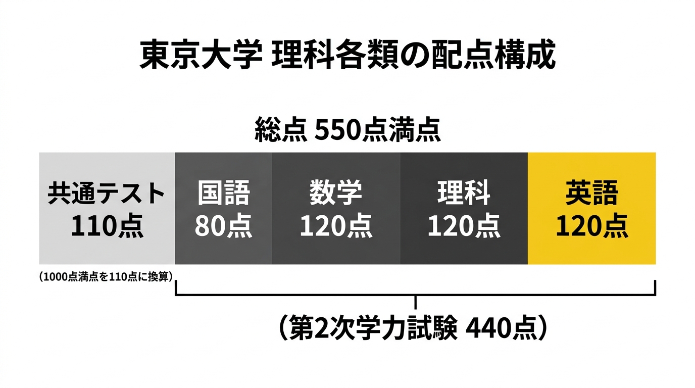 東京大学理科各類の前期日程の配点構成図。共通テスト110点(1000点満点を換算)と第2次学力試験440点で550点満点。二次の内訳は国語80点、数学120点、理科120点、外国語(英語)120点