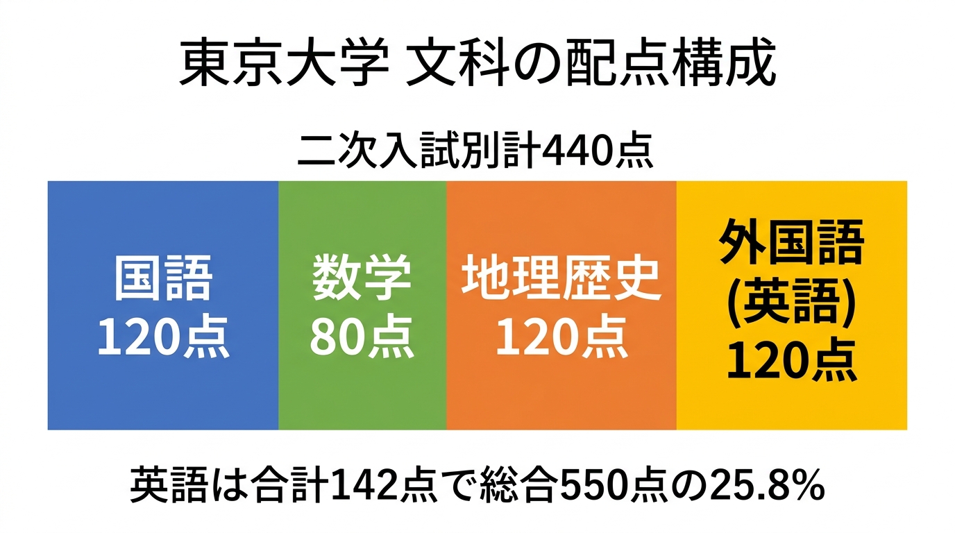 東京大学文科の二次試験440点の内訳を示す帯グラフ。国語120点、数学80点、地理歴史120点、外国語(英語)120点。英語は合計142点で総合550点の25.8%