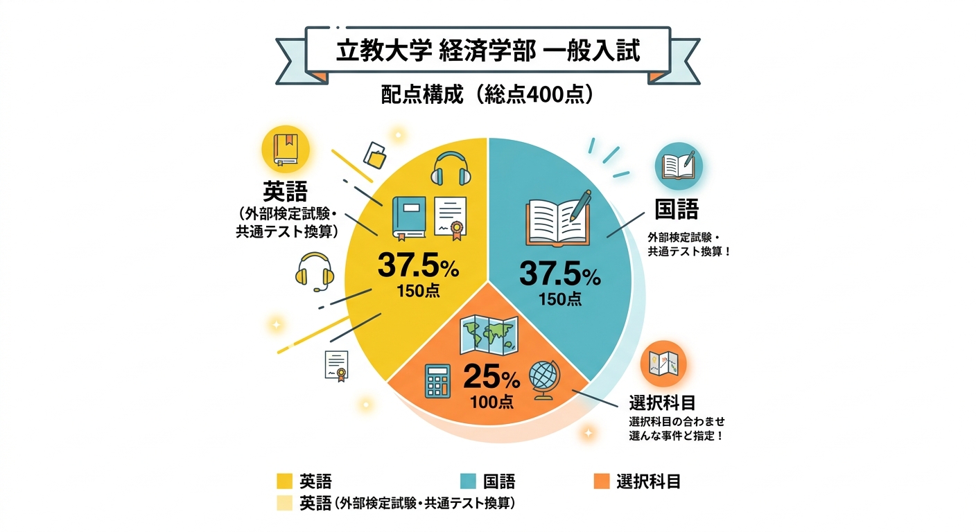 立教大学経済学部一般入試の配点構成円グラフ。総点400点のうち英語150点、国語150点、選択科目100点の内訳を示す
