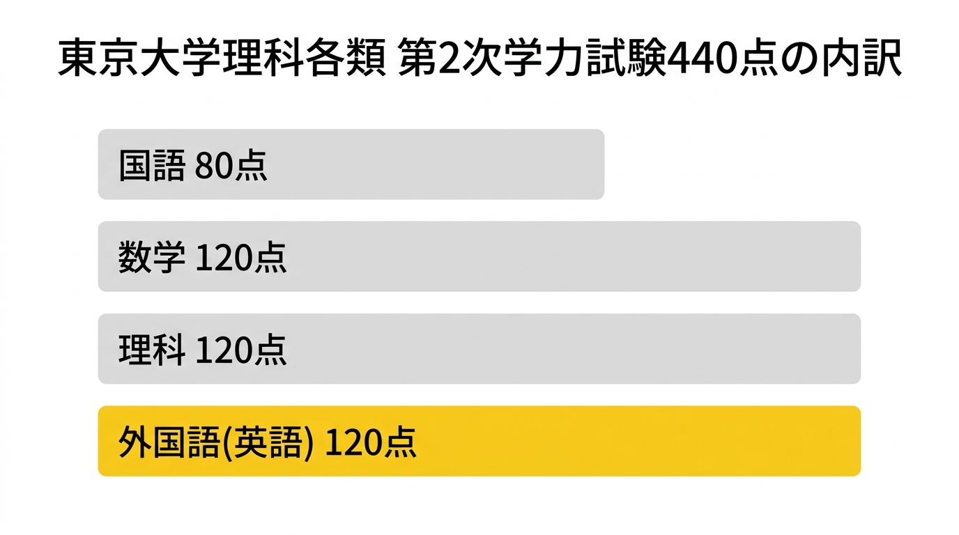 東京大学理科各類の二次試験440点の内訳を示す帯グラフ。国語80点、数学120点、理科120点、外国語(英語)120点。英語は合計142点で総合550点の25.8%