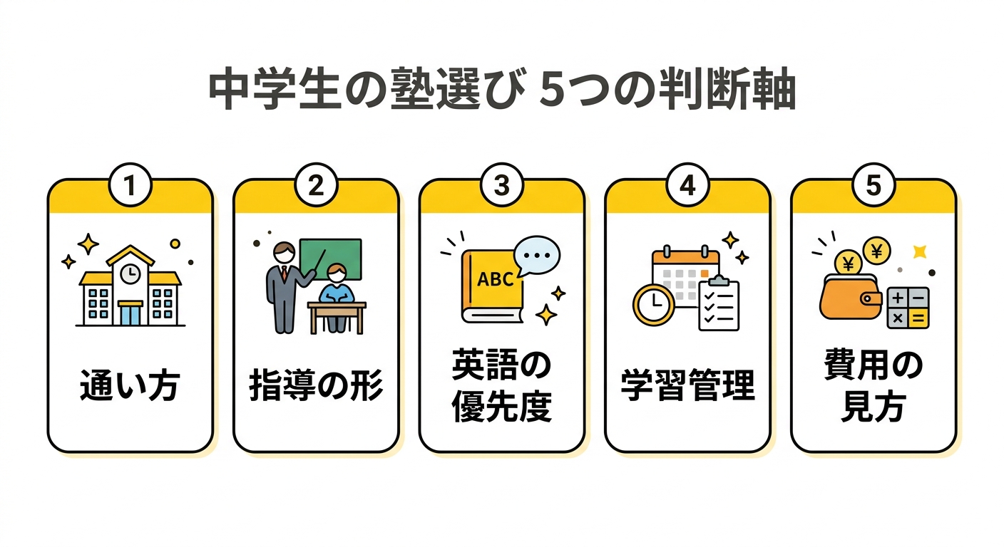 中学生の塾選び 5つの判断軸の図解