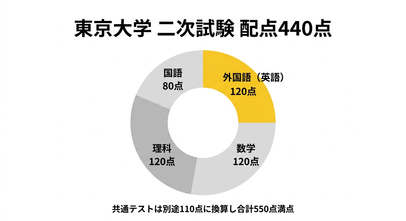 東京大学 二次試験440点満点の配点構成(国語80・数学120・理科120・外国語120)