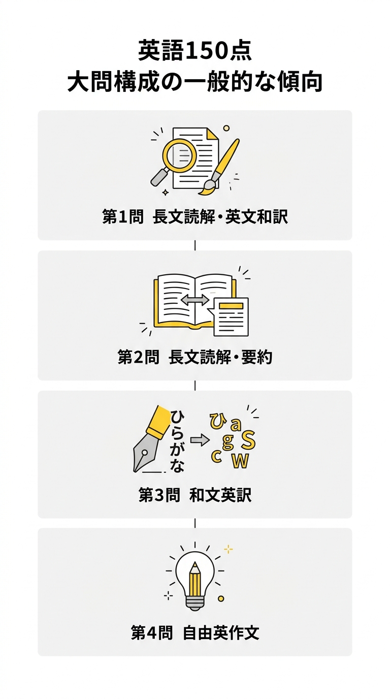 京都大学総合人間学部(理系)の英語150点の大問別配分イメージ図