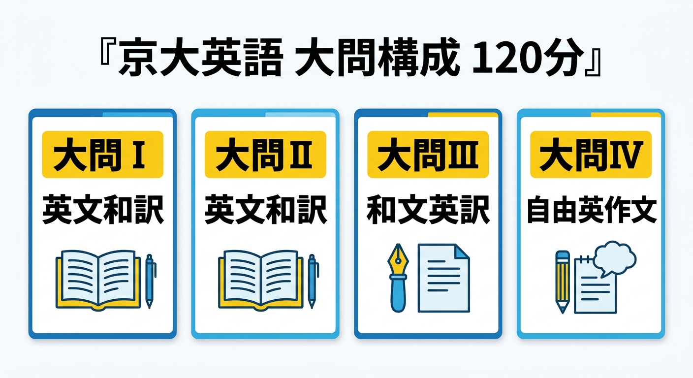 京都大学の英語二次試験の大問構成を示す図。大問Iと大問IIが英文和訳、大問IIIが和文英訳、大問IVが自由英作文