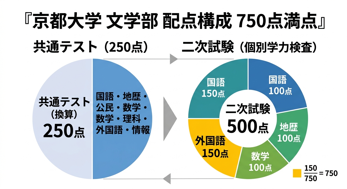 京都大学文学部の配点構成を示す図。共通テスト250点と二次試験500点で総合750点満点になる内訳