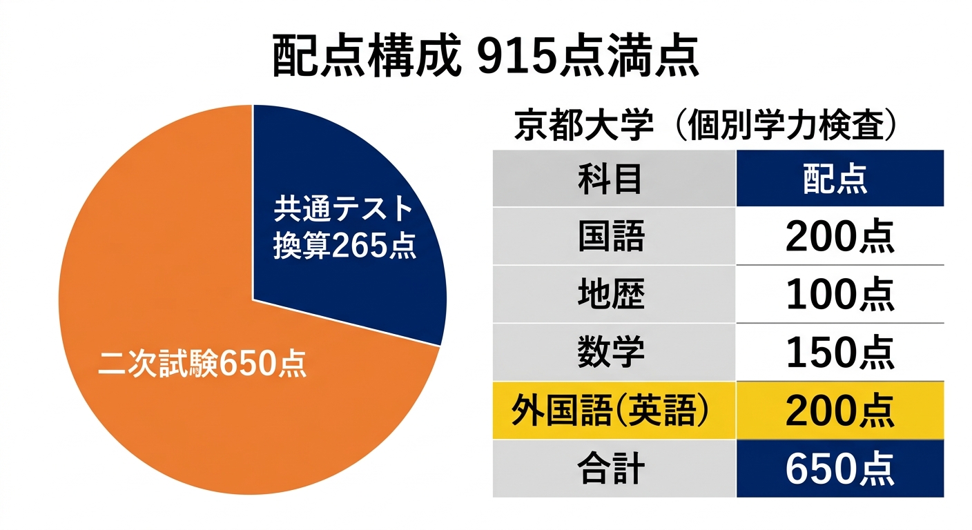 京都大学教育学部(文系) 配点構成915点満点の図解
