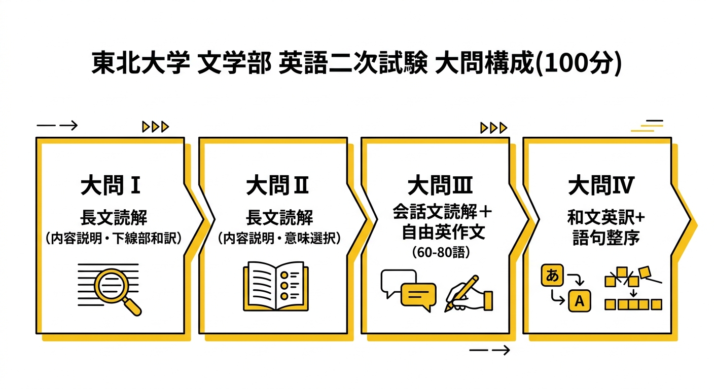 東北大学文学部の英語二次試験の大問構成ステップ図。大問Iが長文読解、大問IIが長文読解、大問IIIが会話文読解+自由英作文、大問IVが和文英訳+語句整序という4段階の流れを示す