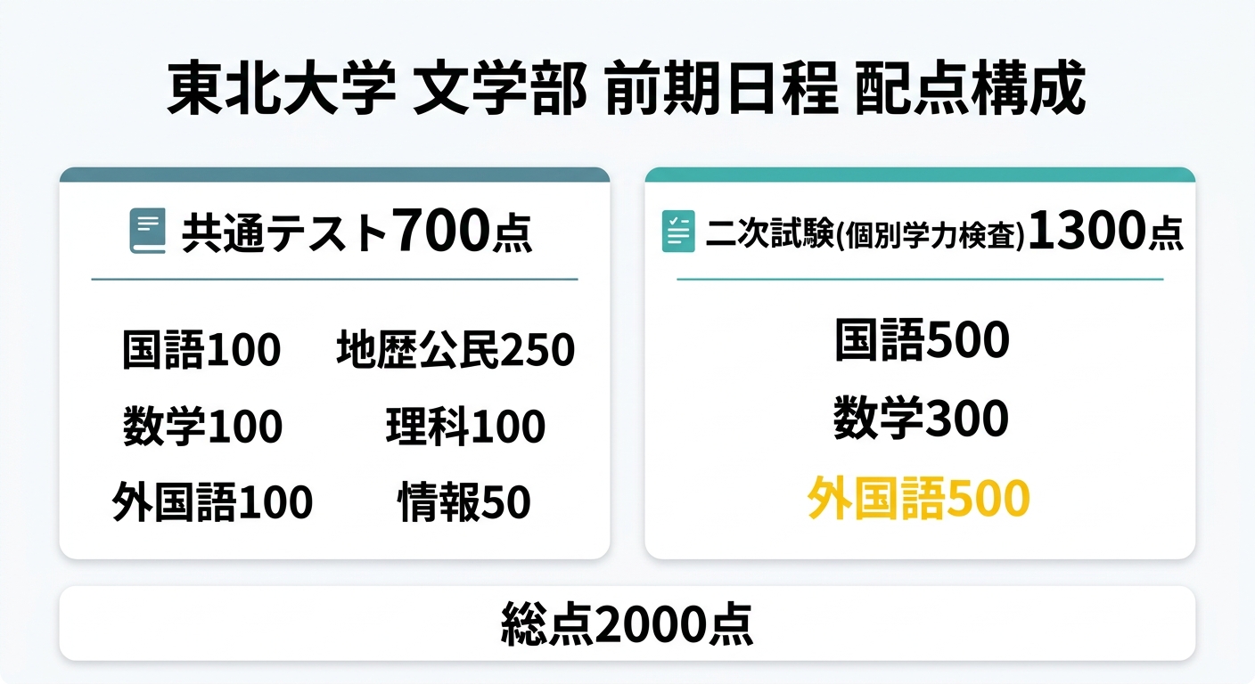 東北大学文学部前期日程の配点構成図。共通テスト700点(国語100・地歴公民250・数学100・理科100・外国語100・情報50)と、二次試験1300点(国語500・数学300・外国語500)を並べて示し、総点2000点を表示