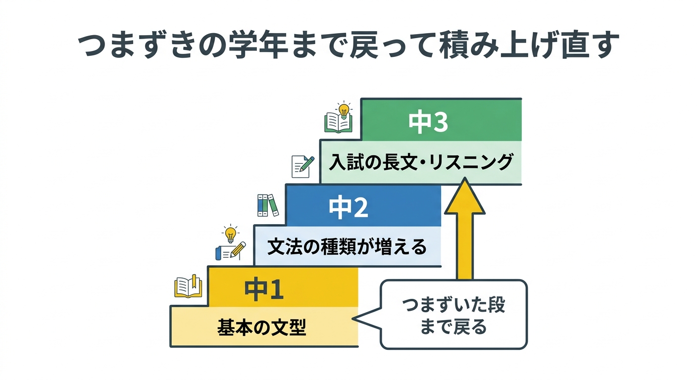 つまずきの学年まで戻って積み上げ直す図解