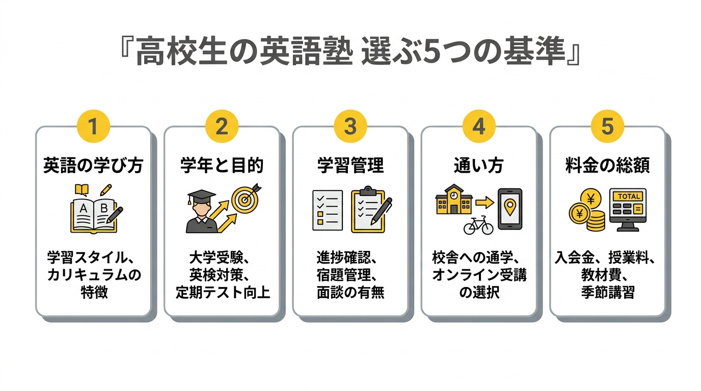 高校生の英語塾を選ぶ5つの基準の図解
