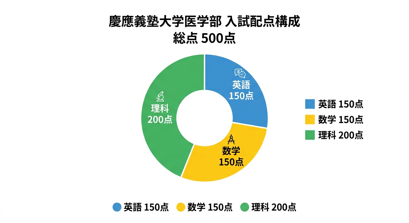 慶應義塾大学医学部の配点構成円グラフ。総点500点のうち英語150点、数学150点、理科200点の内訳を示す
