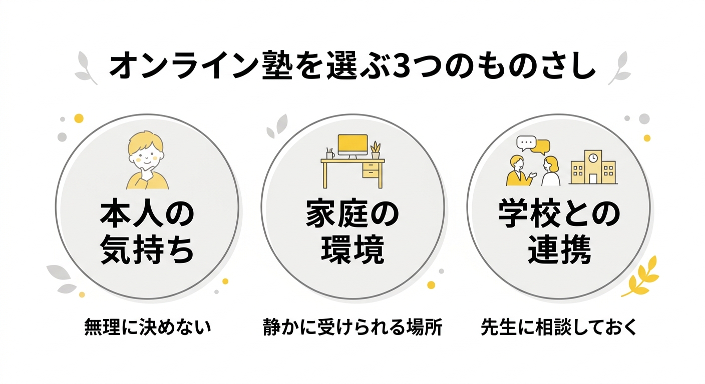 オンライン塾を選ぶ3つのものさしを示した図。本人の気持ち、家庭の環境、学校との連携