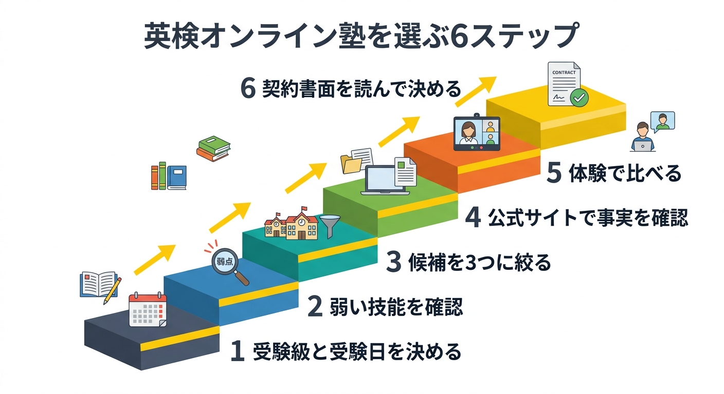 英検オンライン塾を選ぶ6ステップの図