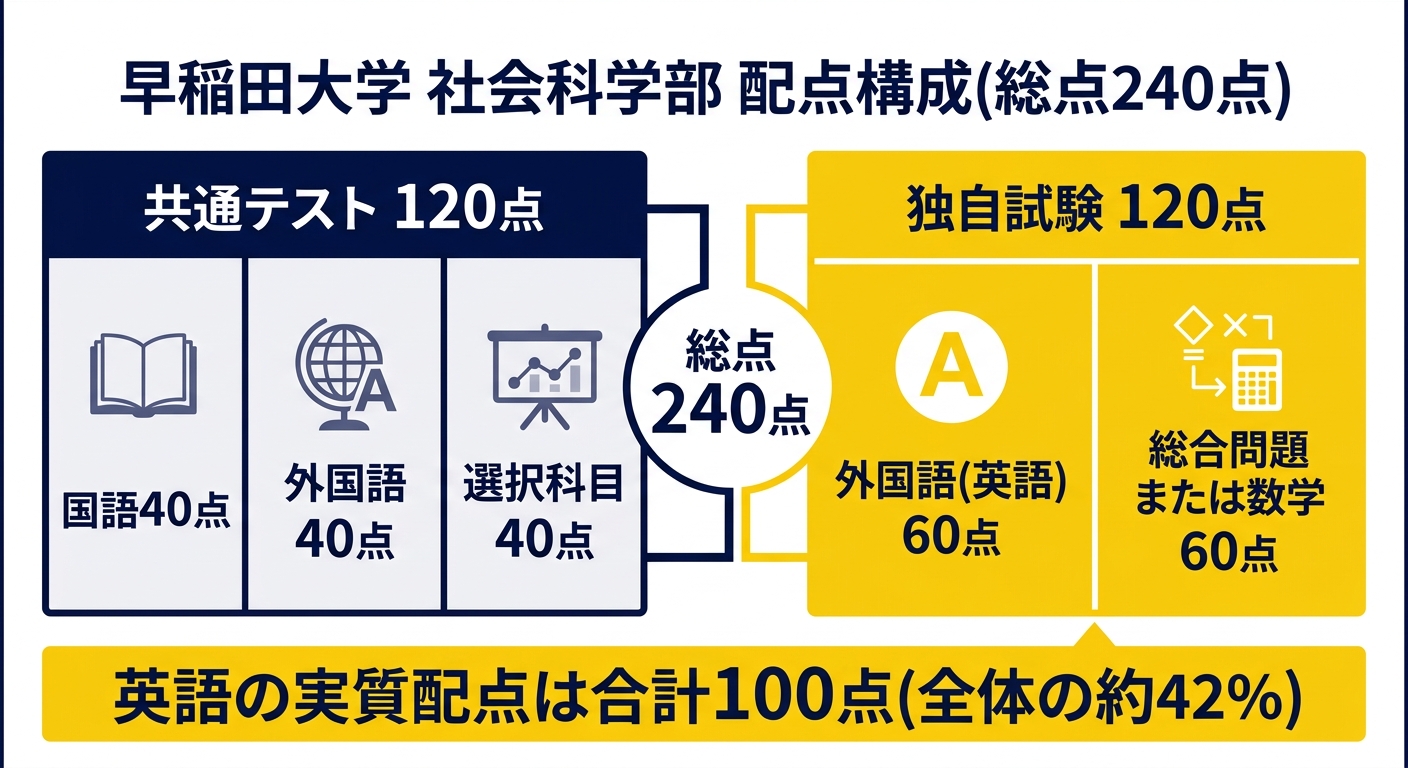 早稲田大学社会科学部の配点構成図。総点240点のうち共通テスト120点(国語40点・外国語40点・選択科目40点)と独自試験120点(外国語(英語)60点・総合問題または数学60点)の内訳を示し、英語の実質配点が合計100点で全体の約42%であることを図解