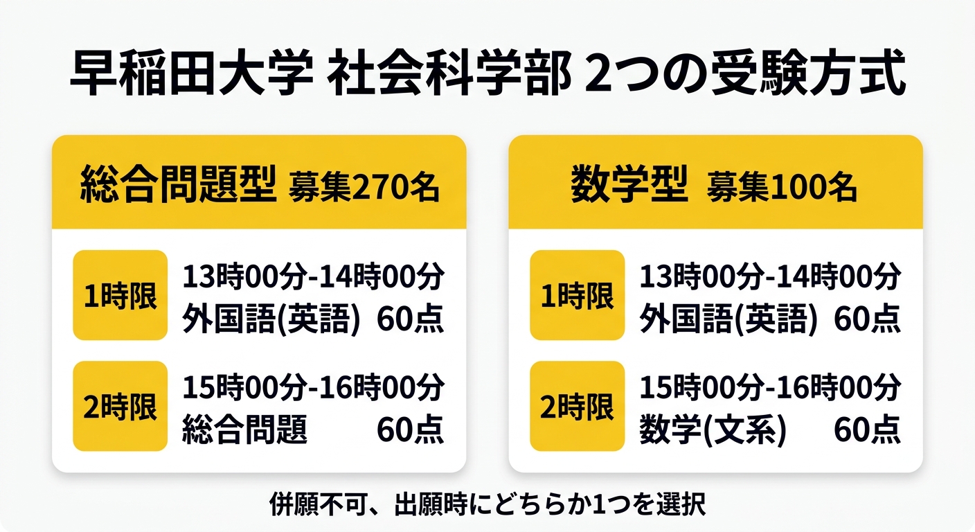 早稲田大学社会科学部の総合問題型と数学型の時間割比較図。1時限13時00分から14時00分が外国語(英語)60点で共通、2時限15時00分から16時00分が総合問題型は総合問題60点、数学型は数学(文系)60点であることを示す図解