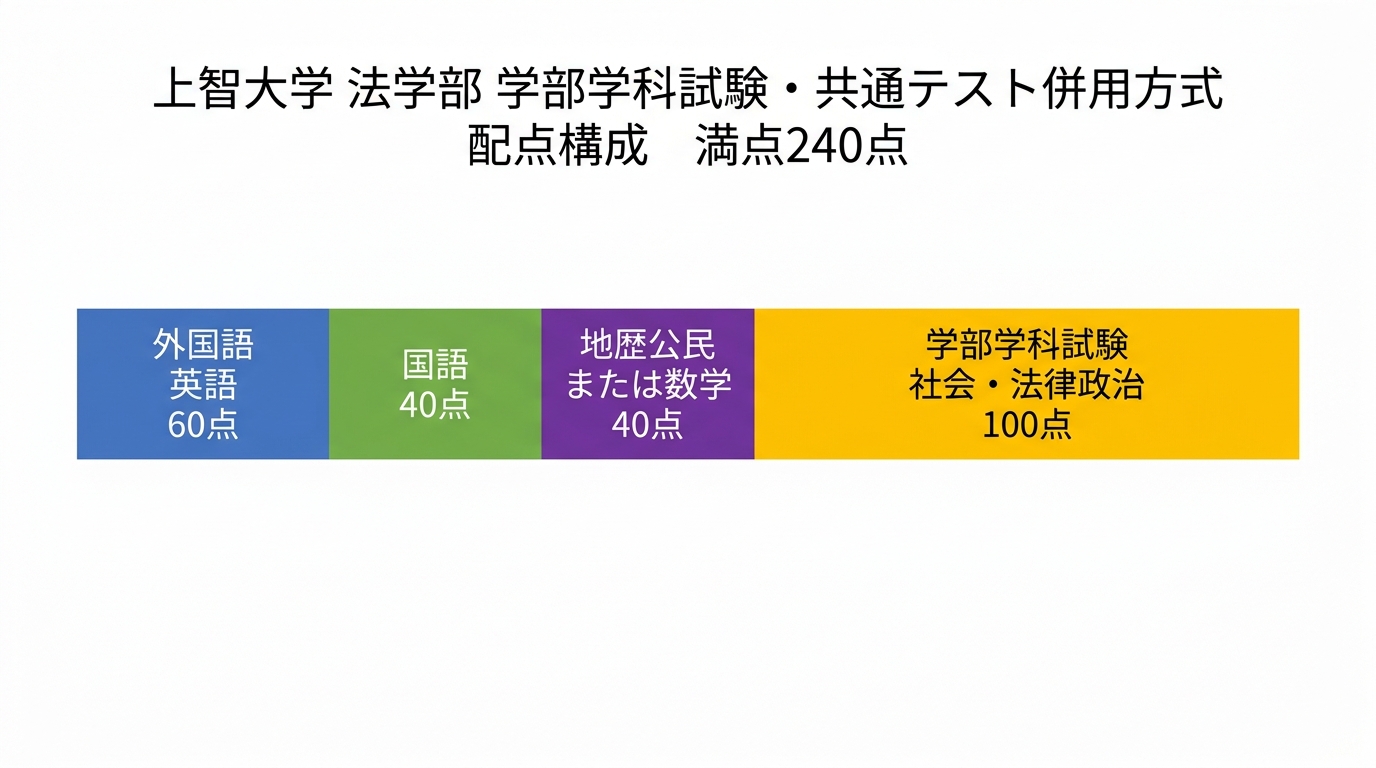 上智大学法学部 学部学科試験・共通テスト併用方式の配点構成を示した帯グラフ(満点240点)