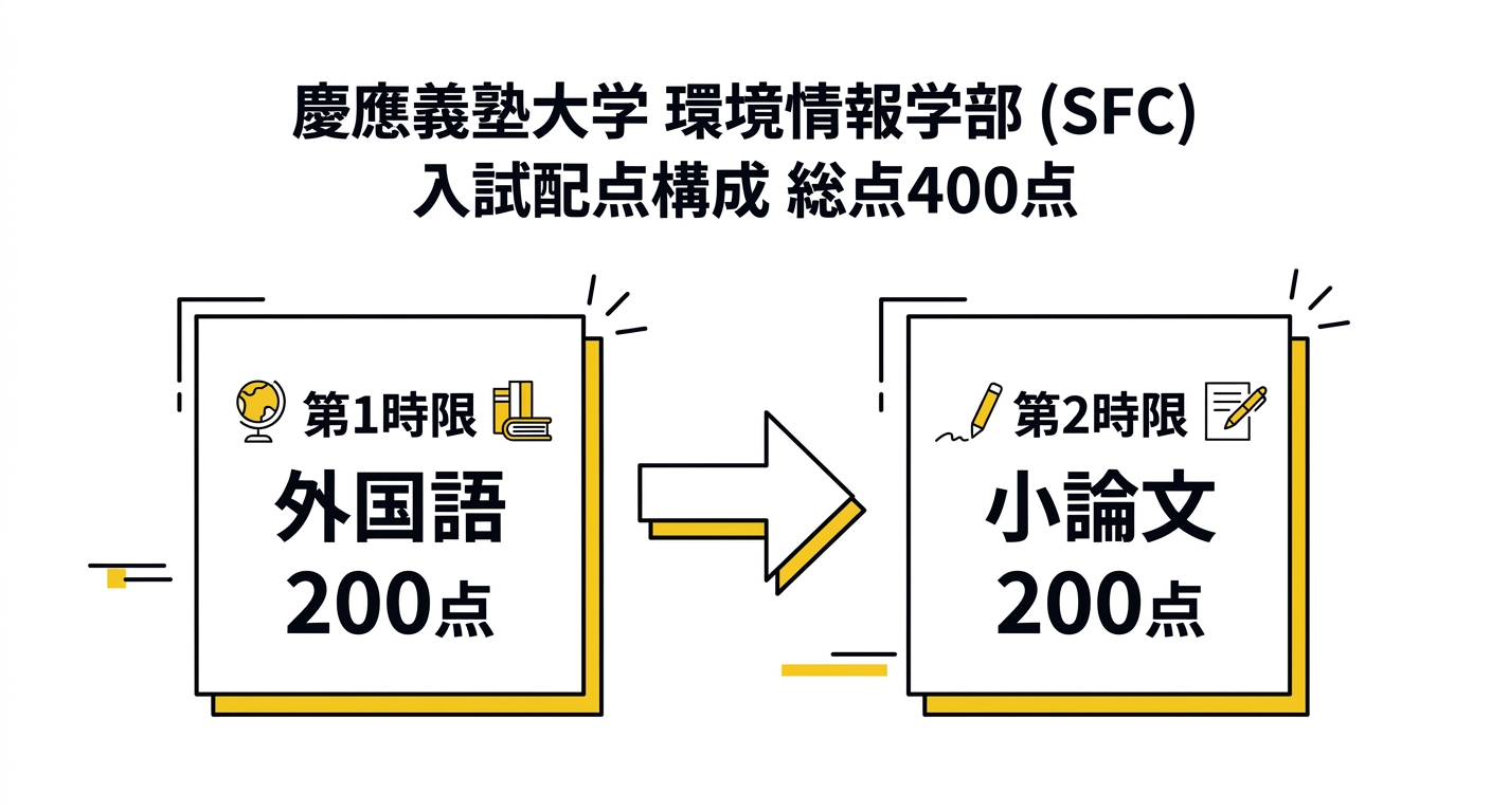 慶應義塾大学環境情報学部の配点構成図。総点400点のうち第1時限(外国語選択時200点)と第2時限小論文200点の2段階構成を示す図解