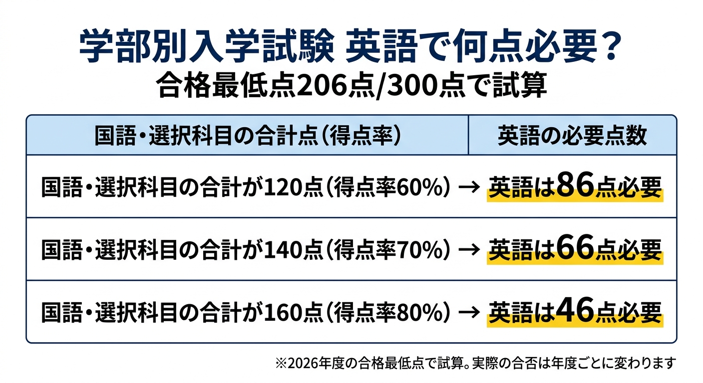 学部別入学試験 英語で何点必要か 合格最低点206点で試算