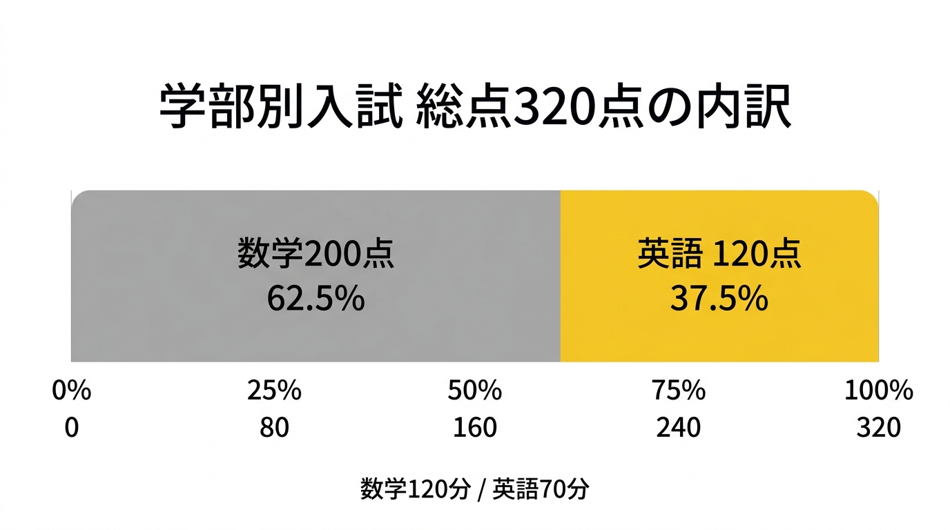 明治大学総合数理学部 学部別入学試験の配点構成(数学200点62.5%・英語120点37.5%)