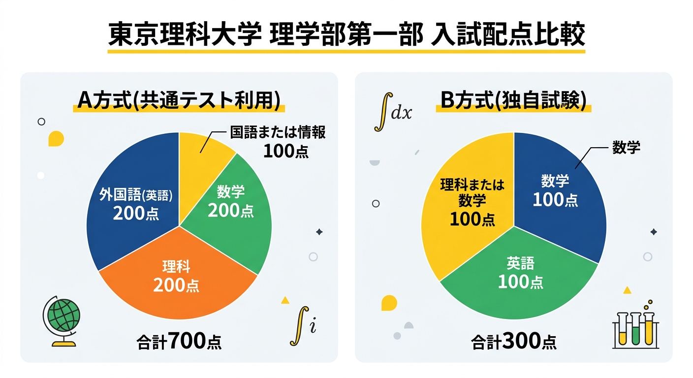 東京理科大学理学部第一部のA方式とB方式の配点構成を比較する図