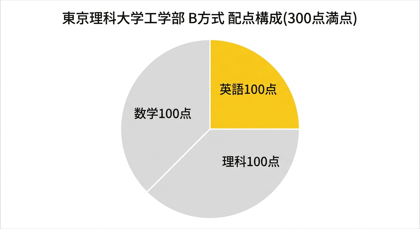東京理科大学工学部B方式の配点構成を示す円グラフ(数学100点・英語100点・理科100点)