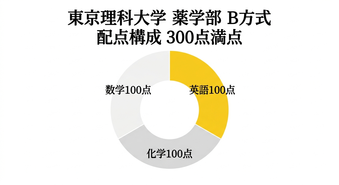 東京理科大学薬学部B方式の配点構成を示す円グラフ(数学100点・英語100点・化学100点)