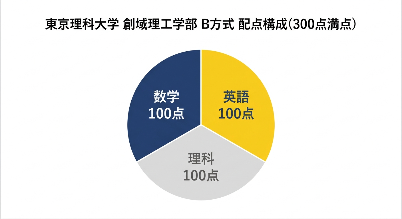 東京理科大学創域理工学部B方式の配点構成(300点満点、数学・英語・理科が各100点)の円グラフ