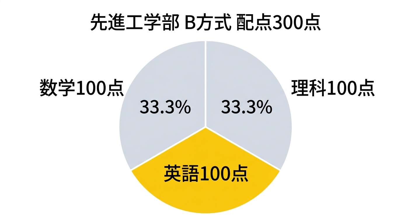 先進工学部B方式の配点構成(数学100点・英語100点・理科100点の円グラフ)