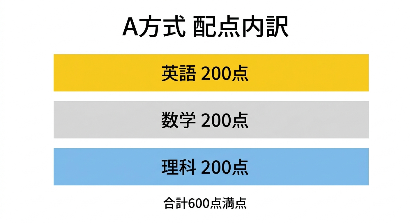 東京理科大学理学部第二部 A方式の配点内訳 英語200点・数学200点・理科200点の横棒グラフ