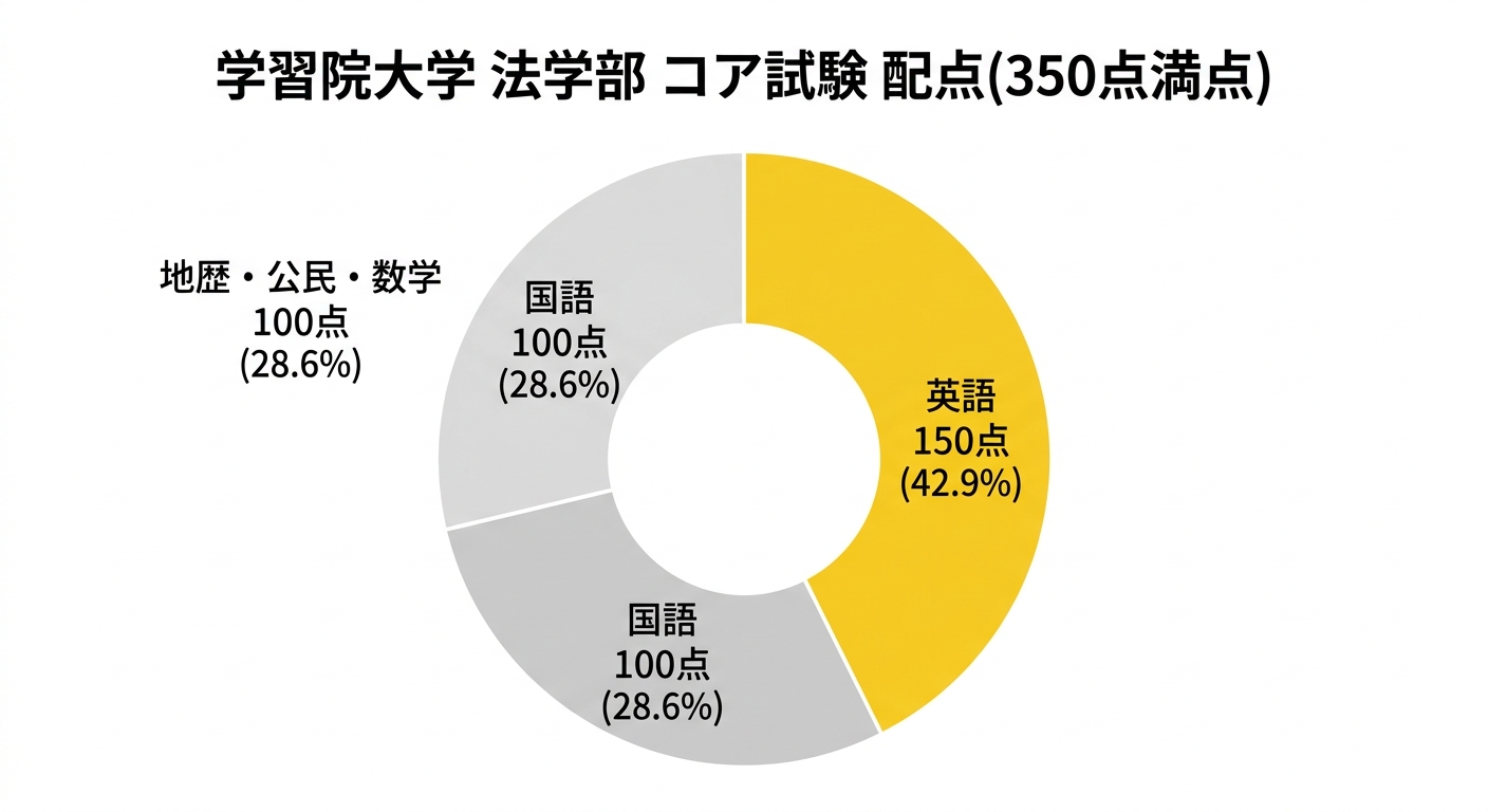 学習院大学法学部コア試験の配点構成を示す円グラフ。英語150点が全体の42.9%を占める