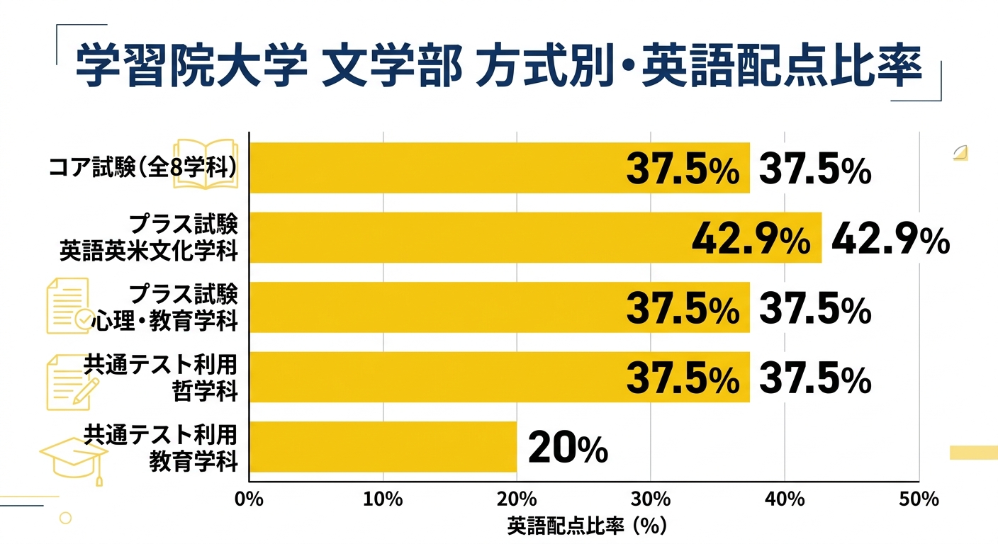 学習院大学文学部の方式別・学科別の英語配点比率を比較した横棒グラフ(コア試験37.5%、プラス試験42.9%、共通テスト利用37.5%〜20%)
