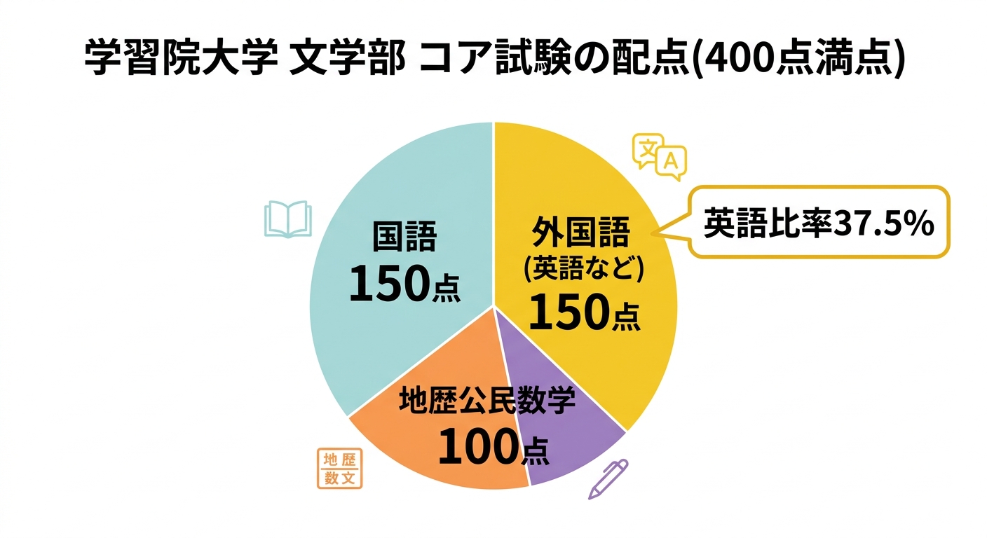 学習院大学文学部コア試験の配点構成(国語150点・外国語150点・地歴公民数学100点の円グラフ、英語比率37.5%を強調)