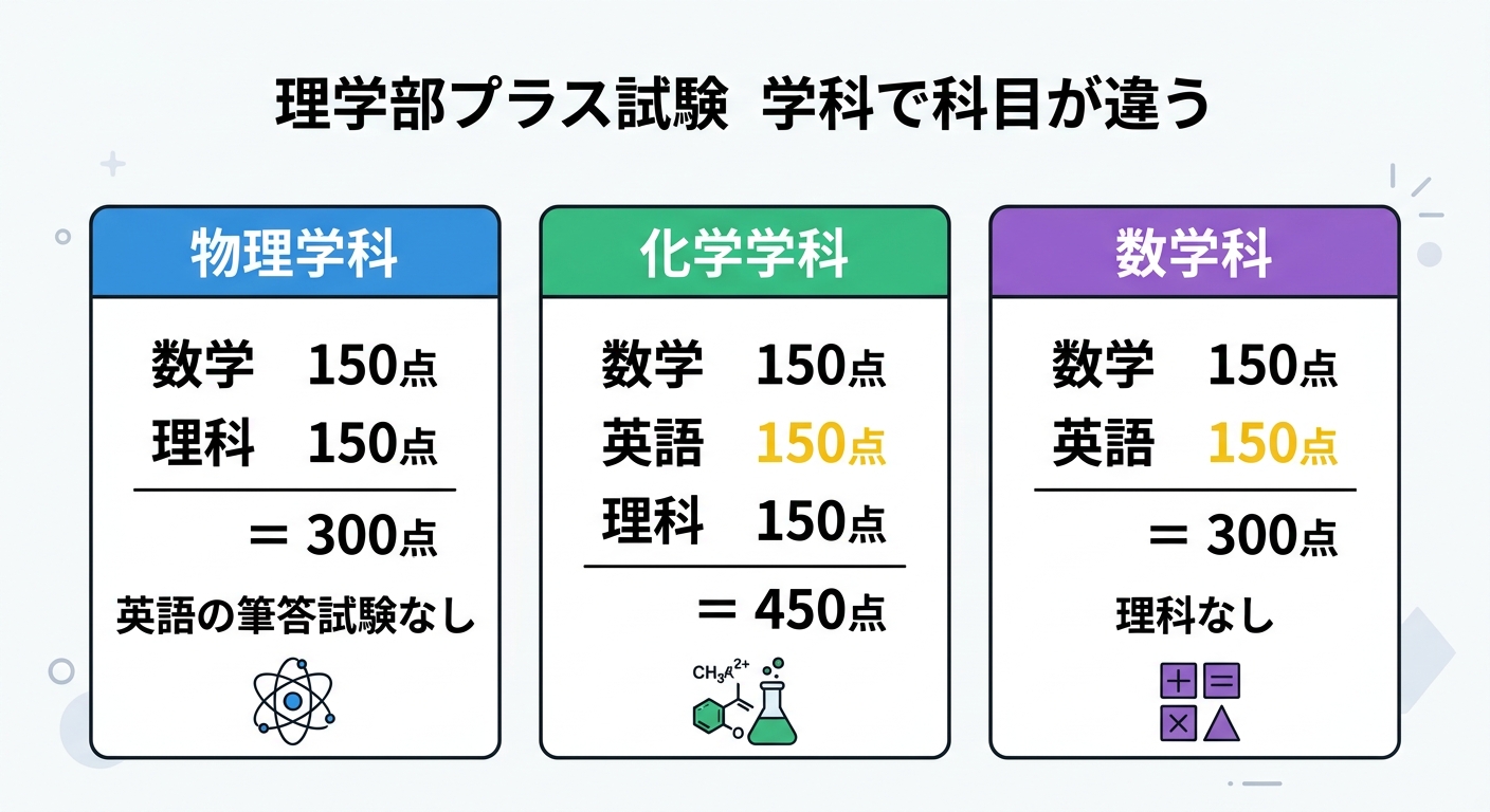 理学部プラス試験の学科別科目構成比較、物理学科は英語試験なし・数学科は理科試験なしを図解