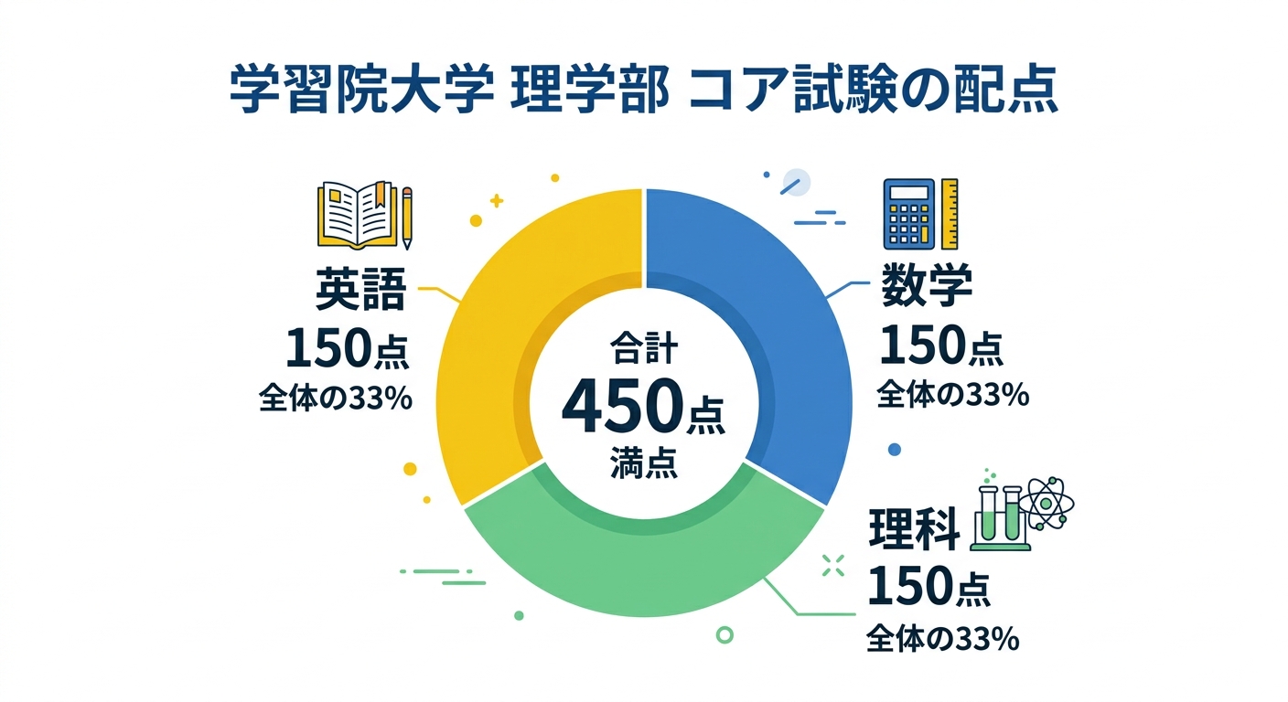 学習院大学理学部コア試験の配点円グラフ、英語比率33.3%を強調