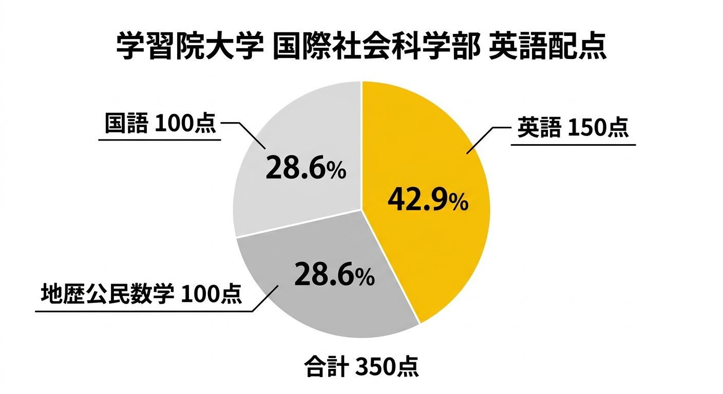 学習院大学国際社会科学部の英語配点を示す円グラフ。英語150点42.9%、国語100点28.6%、地歴公民数学選択100点28.6%、合計350点