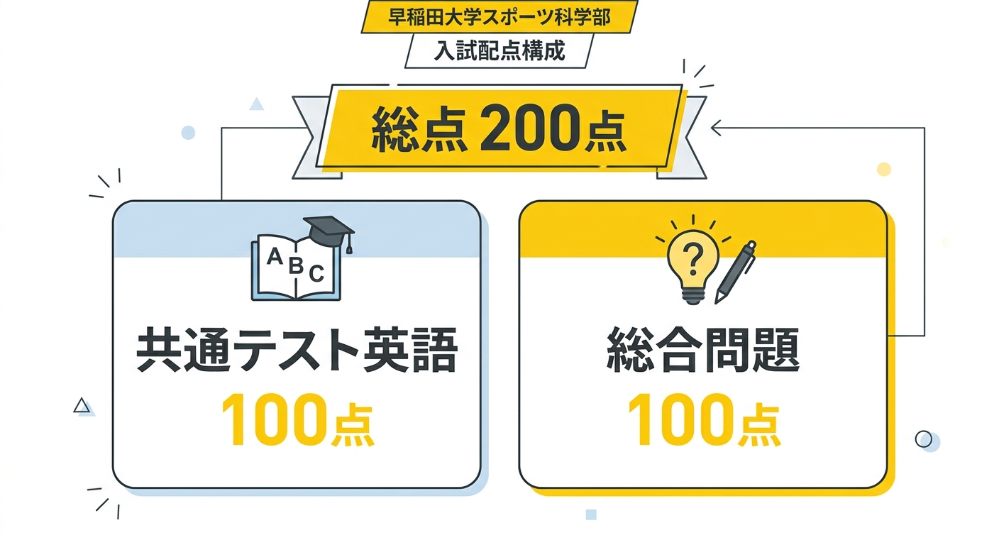 早稲田大学スポーツ科学部の配点構成図。総点200点のうち共通テスト英語100点と学部独自総合問題100点の内訳を示す図解