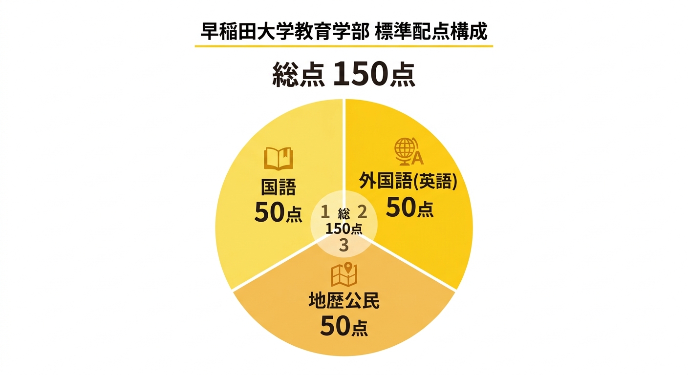 早稲田大学教育学部の配点構成図。標準配点で総点150点のうち国語50点、外国語(英語)50点、地歴公民50点の均等配点を示す図解