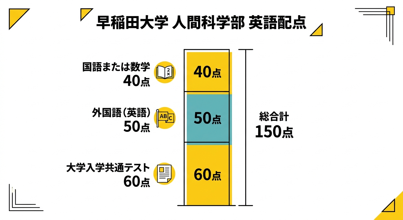 早稲田大学人間科学部の配点構成図。大学入学共通テスト60点、外国語(英語)50点、国語または数学40点の合計150点満点の内訳を示す積み上げ棒グラフ